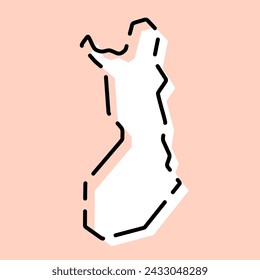 In: Finland country simplified map. Weiße Silhouette mit schwarzer gebrochener Kontur auf rosa Hintergrund. Einfaches Vektorsymbol