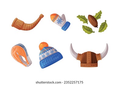 Finland Country Symbol with Horn, Mitten, Hat, Cone, Viking Helmet and Salmon Steak Vector Illustration Set