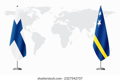 Finland and Curacao flags for official meeting against background of world map.