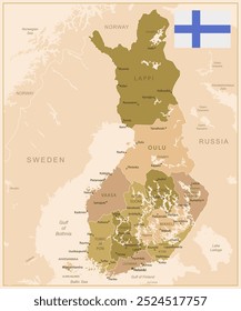 Finland - detailed map of the country in brown colors, divided into regions. Vector illustration