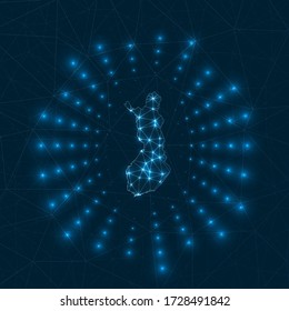 Digitale Karte Finnlands. Strahlende Strahlen aus dem Land. Netzanschlüsse und Telekommunikation. Vector-Abbildung.