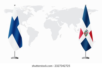 Finland and Dominican flags for official meeting against background of world map.