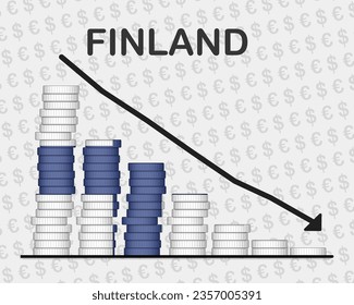 Finland economic collapse, decreasing values with coins, crisis and downgrade concept, Finland flag with changes, falling arrow, news banner idea, fail and decrease, financial decline