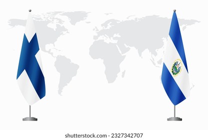 Finland and El Salvador flags for official meeting against background of world map.