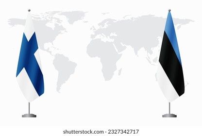 Finland and Estonia flags for official meeting against background of world map.