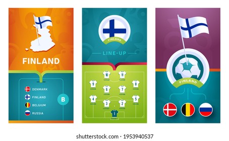 finland European 2020 football vertical banner set for social media. euro 2020 Finland group B banner with isometric map, pin flag, match schedule and line-up on soccer field