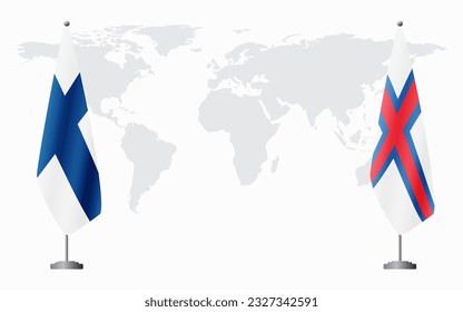 Finland and Faroe Islands flags for official meeting against background of world map.