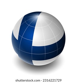 Finland (FI) (Finnish) National Flag 2.5D Isometric View, Metallic Sphere Ball Globe Design, Flag Symbol Isolated on White Background