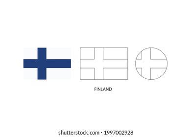 Finland flag 3 versions, Vector illustration, Thin black line of rectangle and the circle on white background.