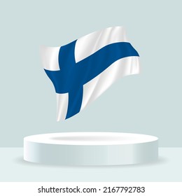 Finland flag. 3d rendering of the flag displayed on the stand. Waving flag in modern pastel colors. Flag drawing, shading and color on separate layers, neatly in groups for easy editing.