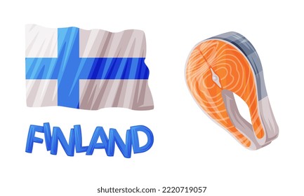 Finnische Flagge mit blauem Kreuz auf weißem Stoff und Lachs Steak Vector Set