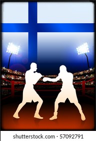 Finland Flag with Boxer on Stadium Background Original Illustration