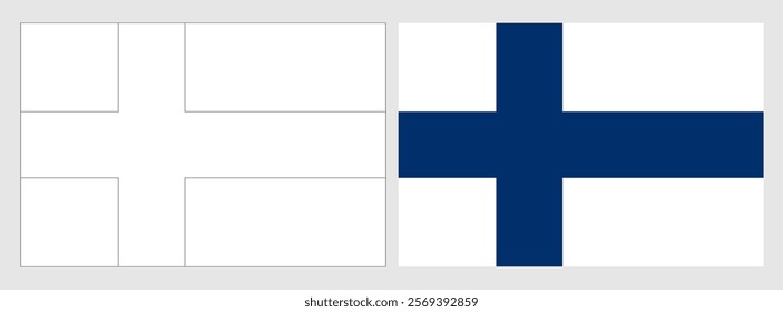 Finland flag - coloring page. Set of white wireframe thin black outline flag and original colored flag.