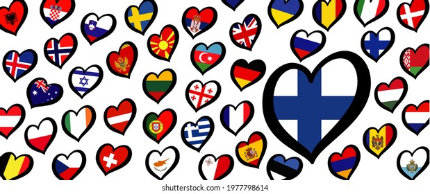 Finland flag and different countries flags with heart flags logo. For Europe, eurovision music song festival, contest. Music songs for vision dreams. Vector euro TV icon pattern. 