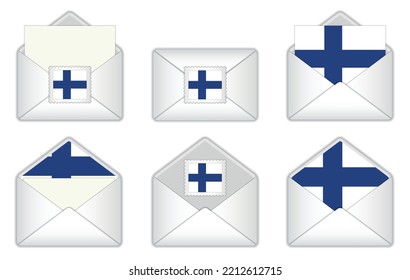 Finland flag in the envelope. Finnish
 stamp flag. Opened, closed Finnish letter, isolated on white background.