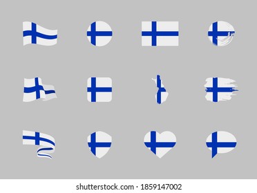 Finland flag - flat collection. Flags of different shaped twelve flat icons. Vector illustration set