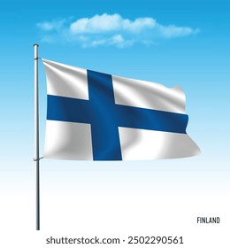 Bandera de Finlandia ondeando en el cielo azul, ilustración de Vector.