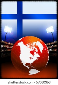 Finland Flag with Globe on Stadium Background Original Illustration