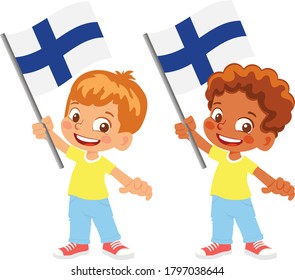 Finland flag in hand. Children holding flag. National flag of Finland vector