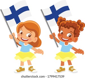 Finland flag in hand. Children holding flag. National flag of Finland vector