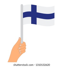 Finland flag. Hand holding a Finland flag - vector icon.