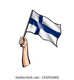 Finland flag and hand on white background. Vector illustration