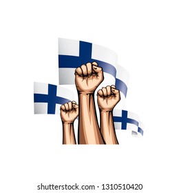 Finland flag and hand on white background. Vector illustration