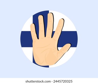 Finnland-Fahne mit Handstoppschild, Protest- und Menschenrechtsidee, Vektorgrafik-Design, Protest in Finnland, Einschränkung oder verbotenes Emblem, Verletzung der Meinungsfreiheit, Krieg beenden