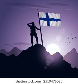 Bandeira finlandesa içada em um pico de montanha com um pôr do sol roxo no fundo, ilustração vetorial