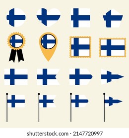 Finland flag icon set in 16 shape versions. Collection of Finland flag icons with square, circle, heart, triangle, medal, stamp and location shapes.