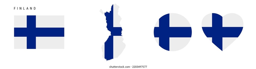 Finland flag icon set. Finnish pennant in official colors and proportions. Rectangular, map-shaped, circle and heart-shaped. Flat vector illustration isolated on white.