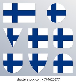 Finland flag icon set. Finnish flag button or badge in different shapes. Vector illustration.