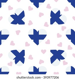 Finland flag independence day seamless pattern. Patriotic country flag background. Finland flag in the shape of heart. Vector seamless pattern.