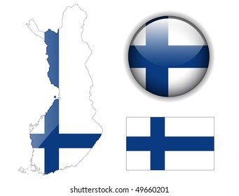 Finland flag, map and glossy button, vector illustration set.