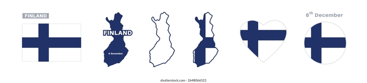 finlândia bandeira e conjunto de mapas. finlândia bandeira em cores e proporções oficiais. independência dia 6 de dezembro , mapa, círculo e coração em forma de finlândia