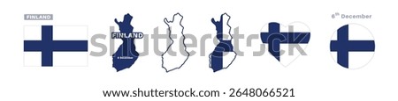 finland flag and map set. finland flag in official colors and proportions. independence day 6 december , map, circle and heart shaped finland