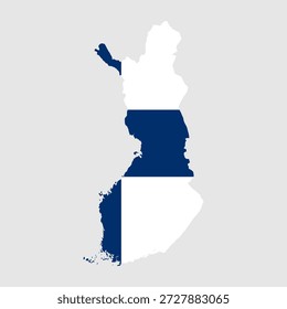 Finnische Fahnenkarte, Vektor. Flaggenkarte von Finnland auf grauem Hintergrund
