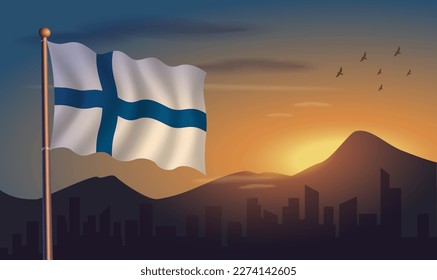 Finland flag with mountains and morning sun in the background