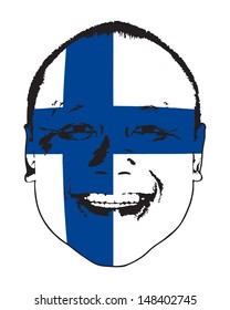 A Finland flag on a face, isolated against white. 