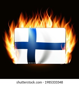 Finland flag on fire background. Country emblem. Vector Illustration. EPS10
