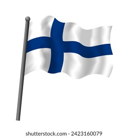 Finland flag on flagpole waving in wind. Finnish flag red with white cross vector isolated object illustration. 