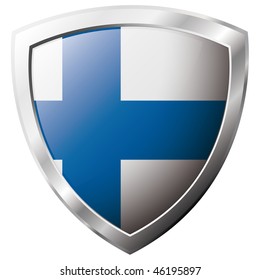 Finland flag on metal shiny shield vector illustration. Collection of flags on shield against white background. Abstract isolated object.