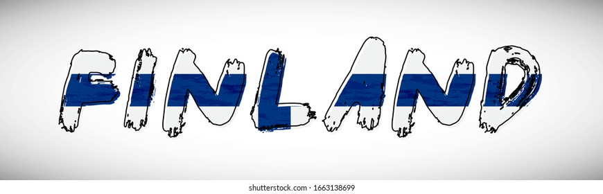 Finland flag on text typography. Country name banner strip. Classic typography background.