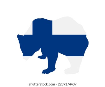 Finland flag over bear national animal vector silhouette illustration isolated on white background. North Europe Scandinavian country. EU member. Patriotic symbol Finland emblem. Bear shape shadow.