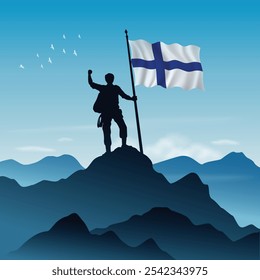 Finland Flag raised on a mountain peak with clear sky in the background, vector illustration