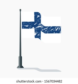 Finland flag with scratches waving on flagpole with shadow in vector.