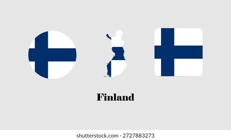 Finnland-Flaggengruppe. Finnland-Fahnenkarte, Kreis und einfache Flagge. Flagge von Finnland, Vektor auf grauem Hintergrund