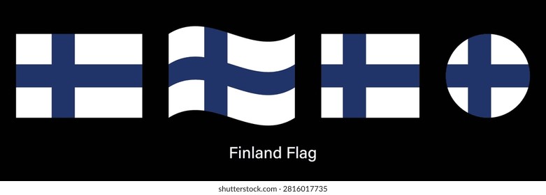 Finland Flag Set with Waving, Circle and Rectangle Shapes Vector Illustration