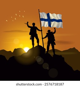 Finland flag, silhouette of two climbers holding flags at sunset