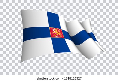 Símbolo del estado de la bandera finlandesa aislado en una bandera nacional de fondo. Tarjeta de saludo Día Nacional de la Independencia de la República de Finlandia. Cartel de ilustración con bandera de estado realista.